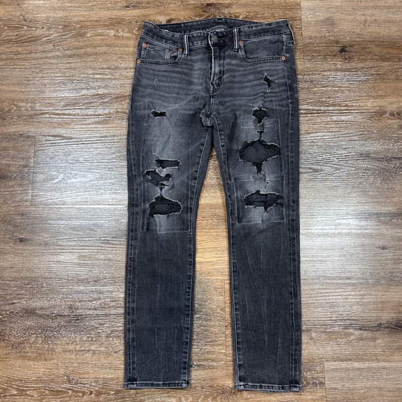 American Eagle Mens Airflex 360 Slim Ripped Distressed Black Wash Jeans - Picture 1 of 11